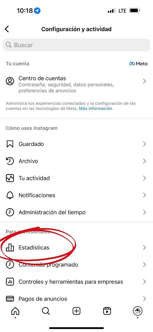 Una captura de pantalla de configuración de Instagram. Las estadísticas están marcadas con un círculo rojo.