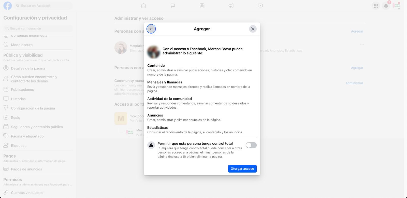 Una captura de pantalla del panel de configuración de Facebook. Se puede ver el alcance del acceso que tiene un administrador deun página en Facebook.