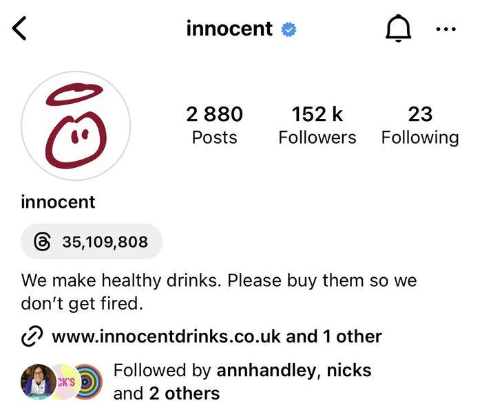 Captura de pantalla de la sección de biografía de Inocente en Instagram