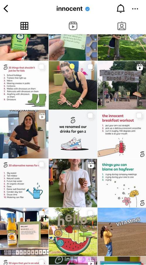 Captura de pantalla de la cuadrícula del perfil de Instagram de Inocente