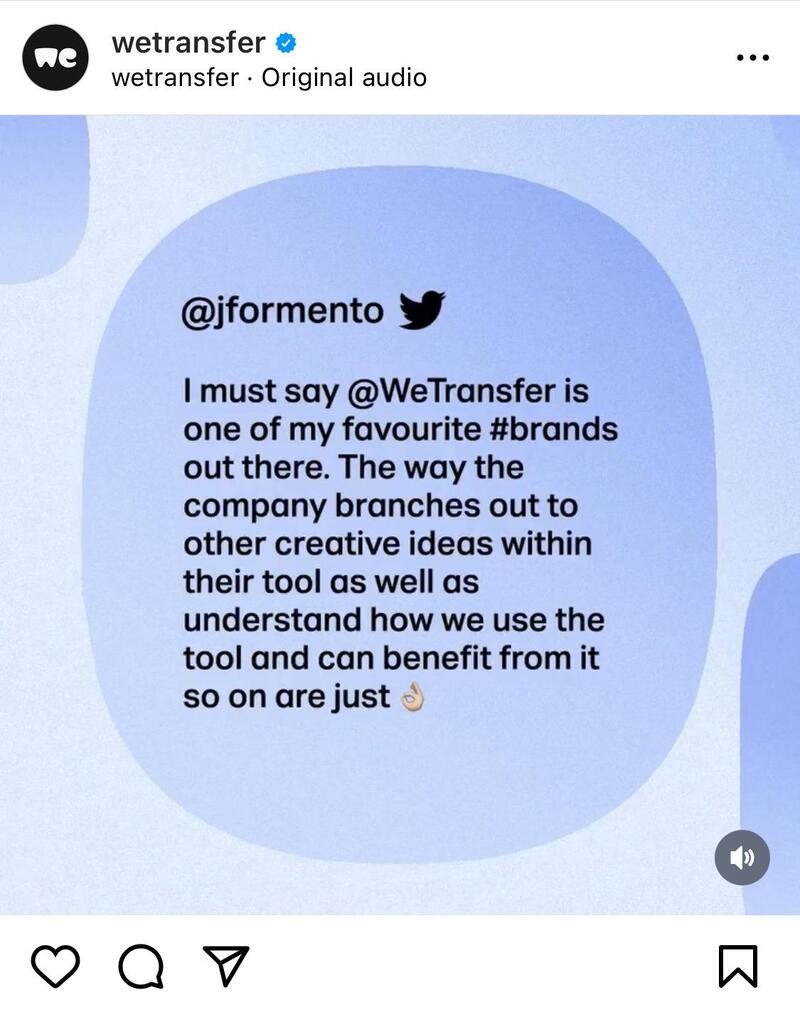 Captura de pantalla de la publicación de Instagram de WeTransfer