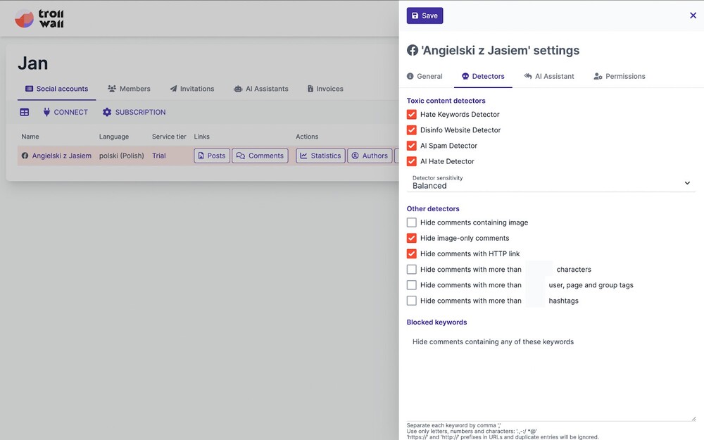 NapoleonCat vs. TrollWall - settings tab inside trollwall