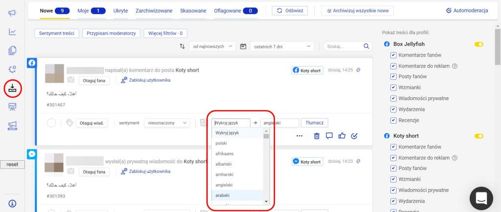 wykrywanie języka wiadomości